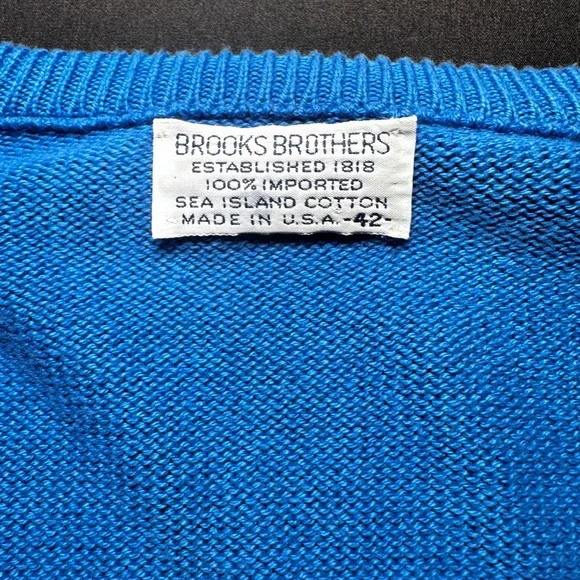 Vintage Brooks Brothers Sweater Men 42 XL Blue Sea Island Cotton V-Neck USA Made